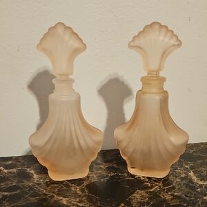 Pair of Vintage Pink Frosted Glass Perfume Bottles with Shell Stoppers